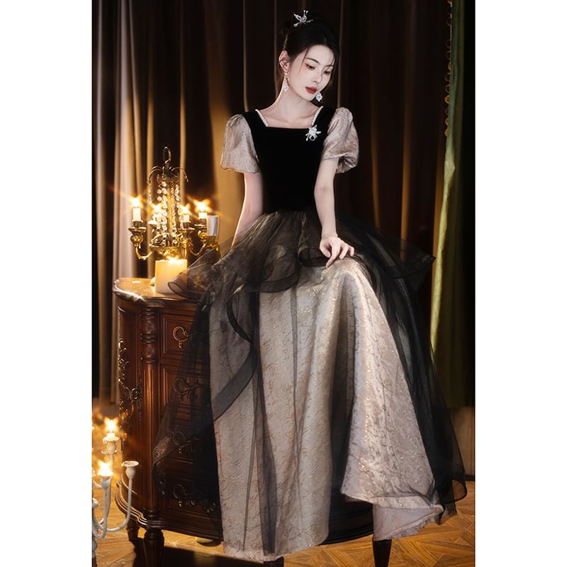 Gown Mesh Neck Evening A-Line Short-Sleeve Square FashionChic