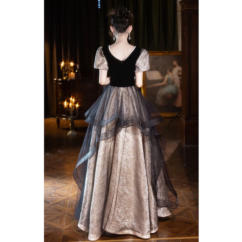 Gown Mesh Neck Evening A-Line Short-Sleeve Square FashionChic