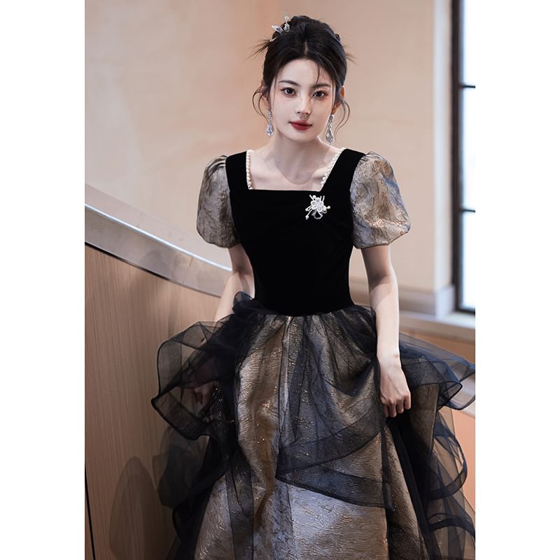 Gown Mesh Neck Evening A-Line Short-Sleeve Square FashionChic