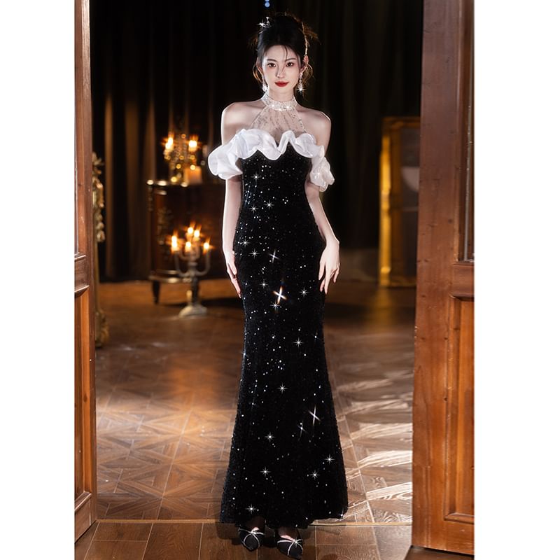 Cold Shoulder Short-Sleeve Gown Evening Mermaid Sequin FashionChic