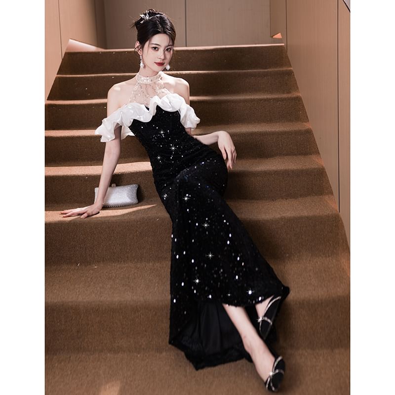 Cold Shoulder Short-Sleeve Gown Evening Mermaid Sequin FashionChic