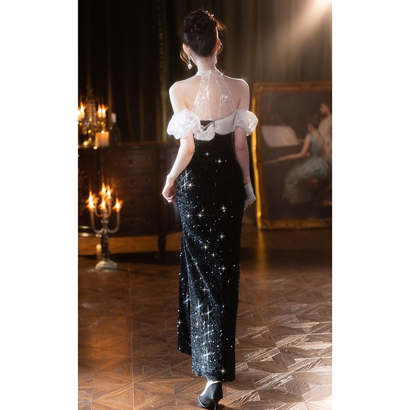 Cold Shoulder Short-Sleeve Gown Evening Mermaid Sequin FashionChic