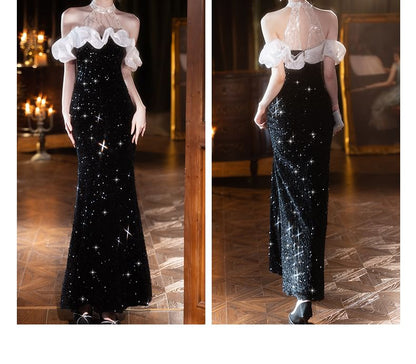 Short-Sleeve Cold Shoulder Sequin Mermaid Evening Gown SpreePicky