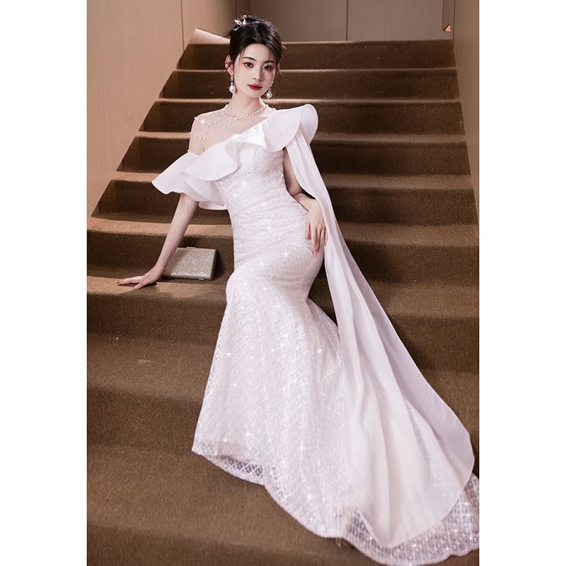 Off Shoulder Evening Mermaid Asymmetrical Gown FashionChic