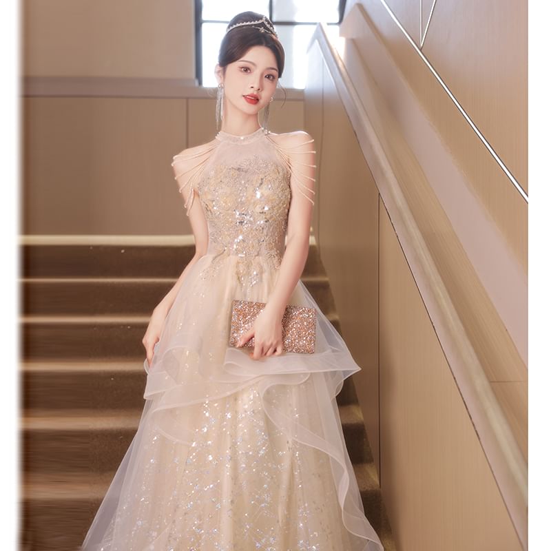 Sleeveless A-Line Gown Mesh Evening FashionChic