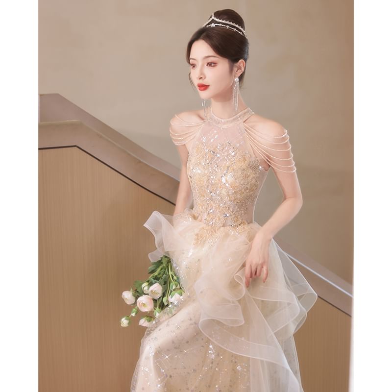 Sleeveless A-Line Gown Mesh Evening FashionChic