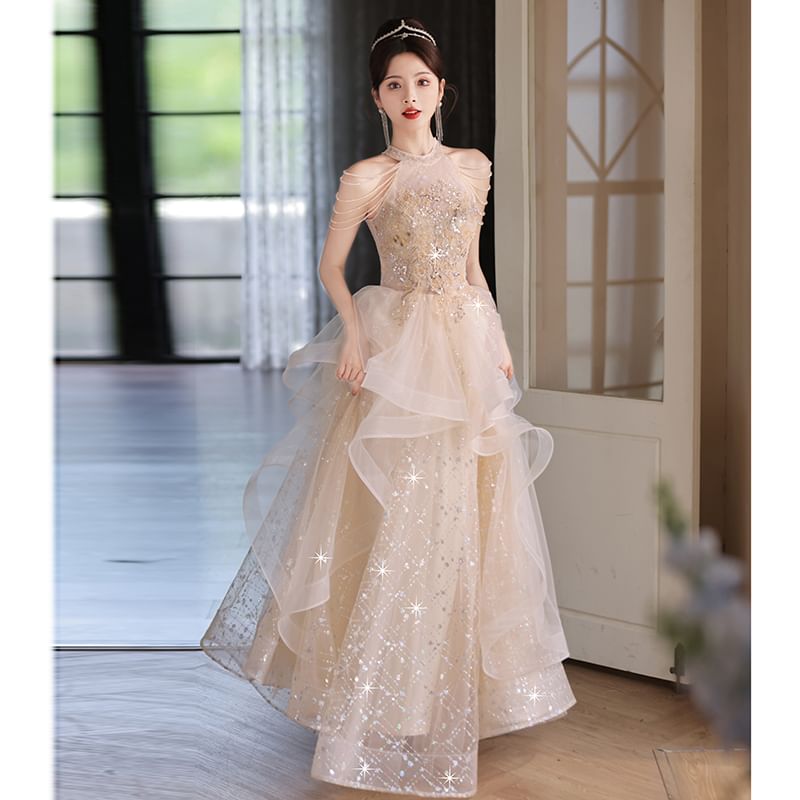 Sleeveless A-Line Gown Mesh Evening FashionChic