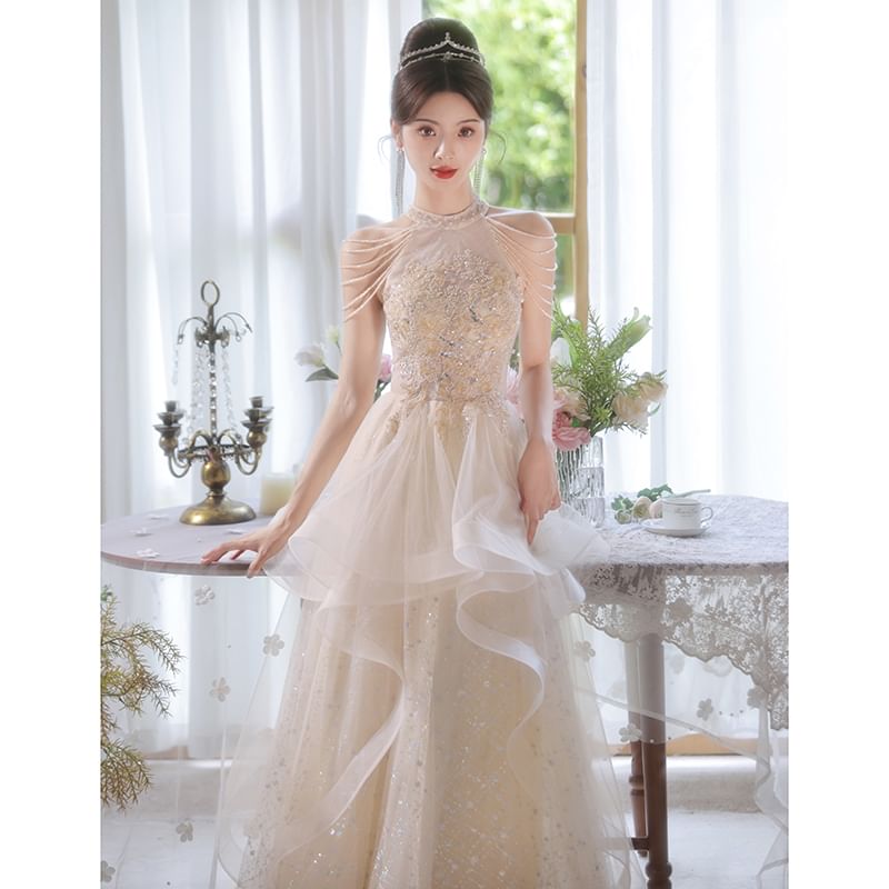 Sleeveless A-Line Gown Mesh Evening FashionChic