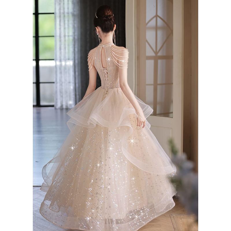 Sleeveless A-Line Gown Mesh Evening FashionChic