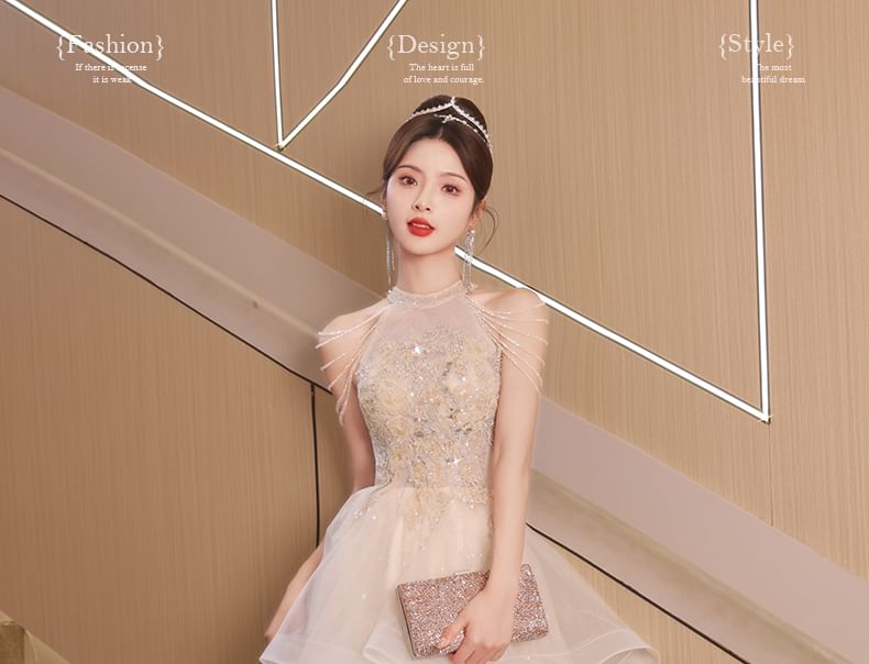 Sleeveless A-Line Gown Mesh Evening FashionChic