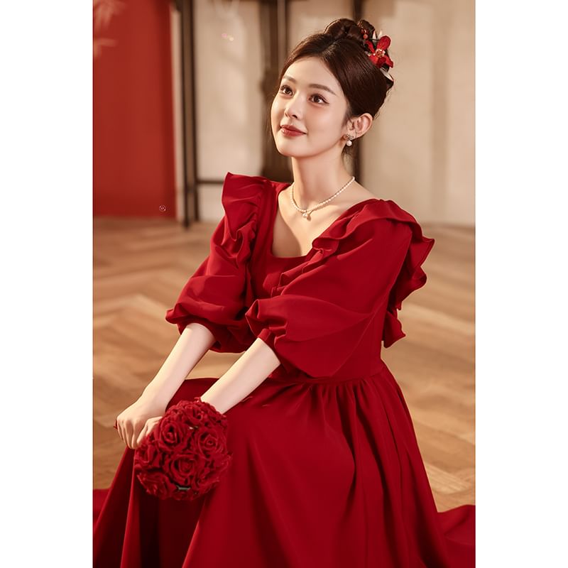 Puff-Sleeve Square Neck Plain A-Line Evening Gown SpreePicky