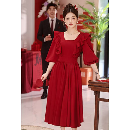 Puff-Sleeve Square Neck Plain A-Line Evening Gown SpreePicky