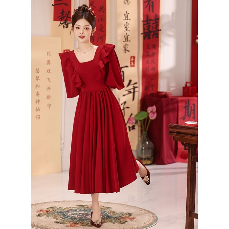 Puff-Sleeve Square Neck Plain A-Line Evening Gown SpreePicky