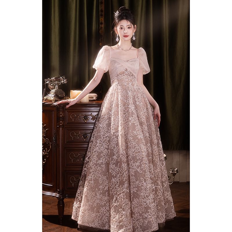 Short-Sleeve Square Neck Jacquard A-Line Evening Gown SpreePicky