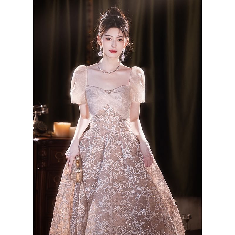 Short-Sleeve Square Neck Jacquard A-Line Evening Gown SpreePicky