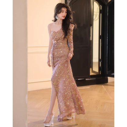 One-Sleeve Sequin Sheath Evening Gown SpreePicky