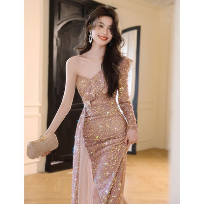 One-Sleeve Sequin Sheath Evening Gown SpreePicky