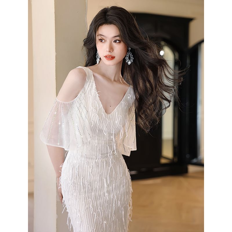 Elbow-Sleeve Cold Shoulder V-Neck Fringed Mermaid Evening Gown SpreePicky