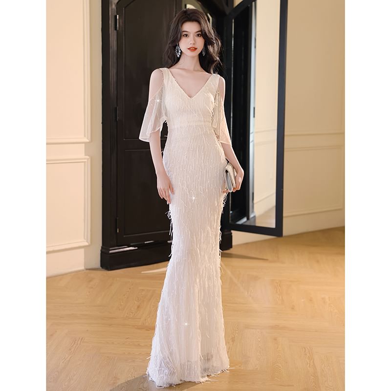 Elbow-Sleeve Cold Shoulder V-Neck Fringed Mermaid Evening Gown SpreePicky