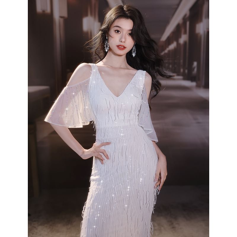 Elbow-Sleeve Cold Shoulder V-Neck Fringed Mermaid Evening Gown SpreePicky