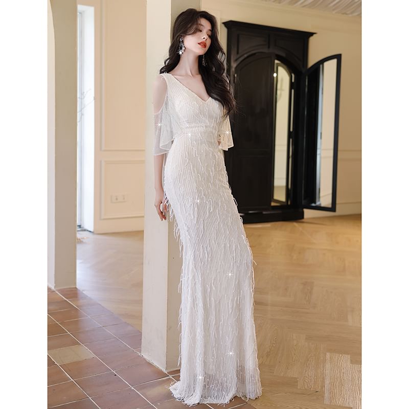 Elbow-Sleeve Cold Shoulder V-Neck Fringed Mermaid Evening Gown SpreePicky