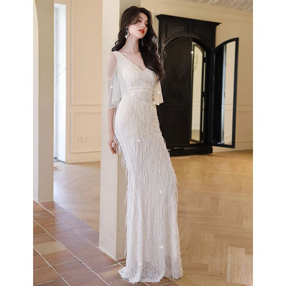 Elbow-Sleeve Cold Shoulder V-Neck Fringed Mermaid Evening Gown SpreePicky