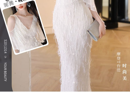 Elbow-Sleeve Cold Shoulder V-Neck Fringed Mermaid Evening Gown SpreePicky