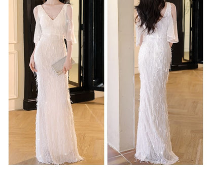 Elbow-Sleeve Cold Shoulder V-Neck Fringed Mermaid Evening Gown SpreePicky