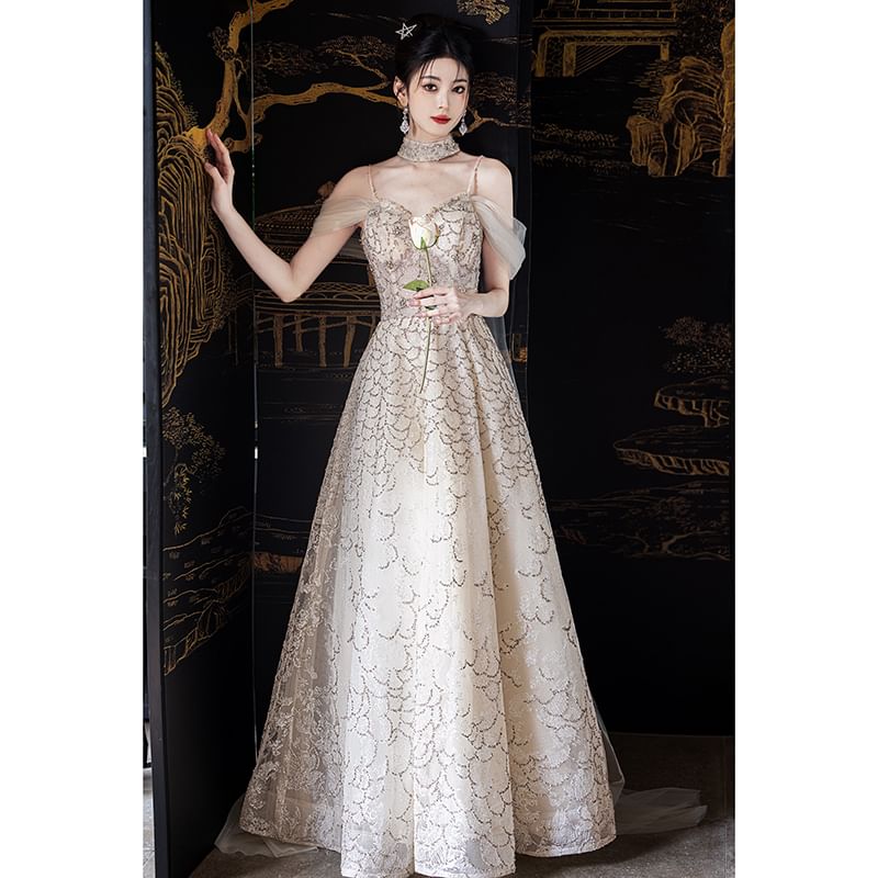 A-Line Mesh Shoulder Gown Evening Cold FashionChic