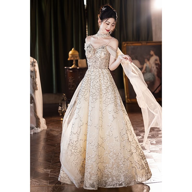 A-Line Mesh Shoulder Gown Evening Cold FashionChic