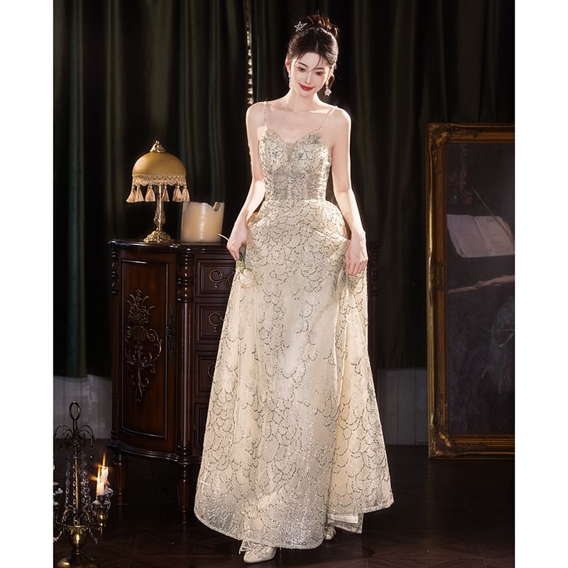 A-Line Mesh Shoulder Gown Evening Cold FashionChic