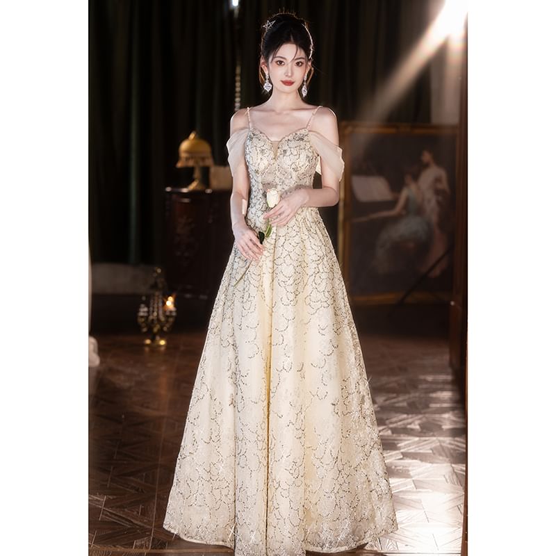 A-Line Mesh Shoulder Gown Evening Cold FashionChic