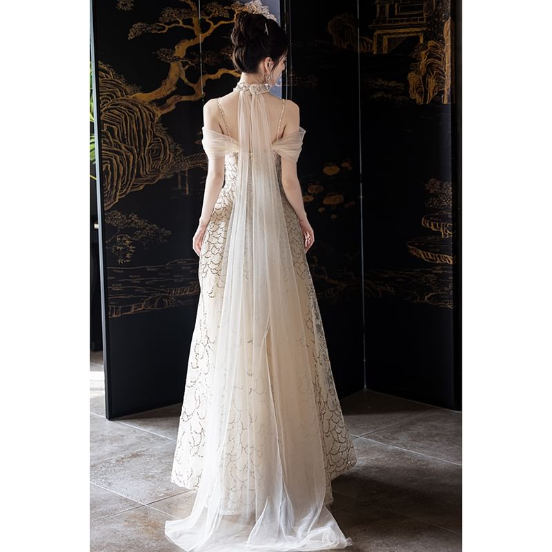 A-Line Mesh Shoulder Gown Evening Cold FashionChic