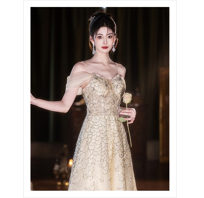 A-Line Mesh Shoulder Gown Evening Cold FashionChic