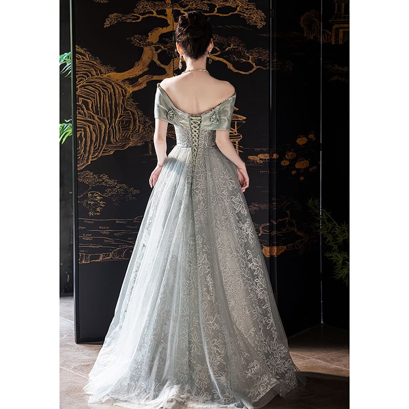 Short-Sleeve V-Neck Mesh A-Line Evening Ball Gown SpreePicky