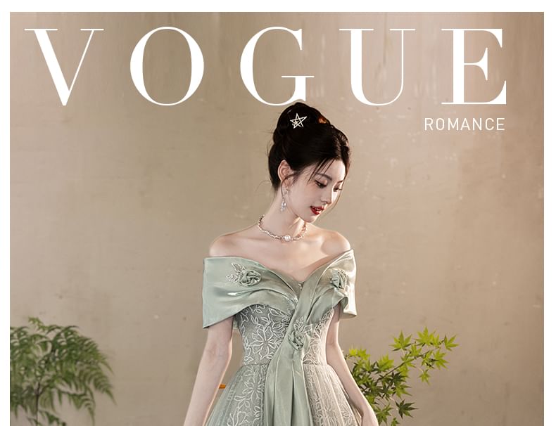 Ball Mesh Gown V-Neck Evening A-Line Short-Sleeve FashionChic