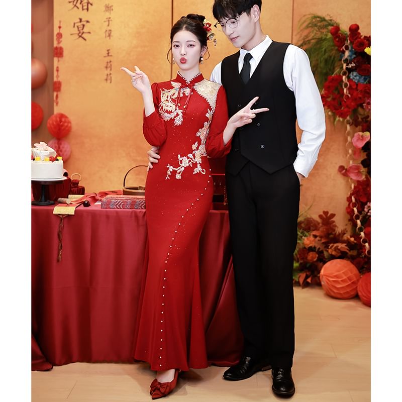 Long-Sleeve Embroidered Traditional Chinese Mermaid Cheongsam SpreePicky