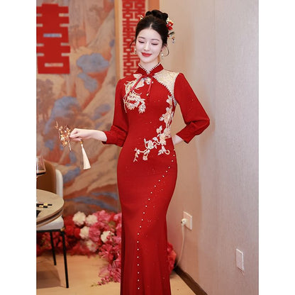 Long-Sleeve Embroidered Traditional Chinese Mermaid Cheongsam SpreePicky