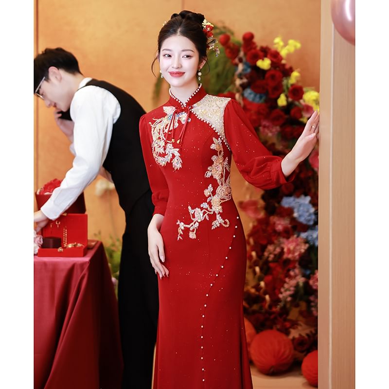 Long-Sleeve Embroidered Traditional Chinese Mermaid Cheongsam SpreePicky