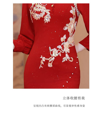 Long-Sleeve Embroidered Traditional Chinese Mermaid Cheongsam SpreePicky