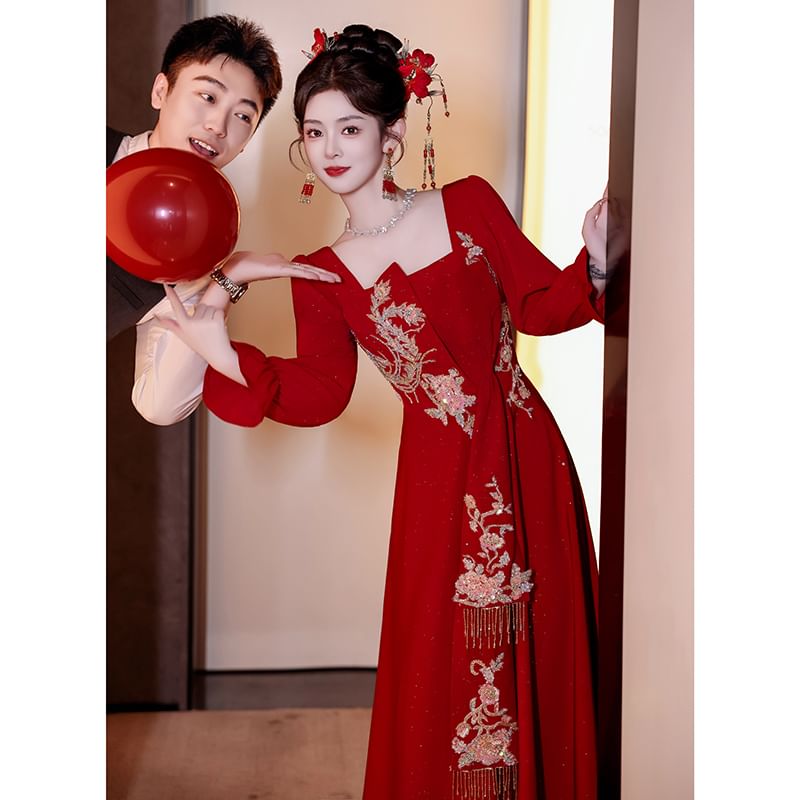 Neck Evening A-Line Embroidered Square Long-Sleeve Gown FashionChic