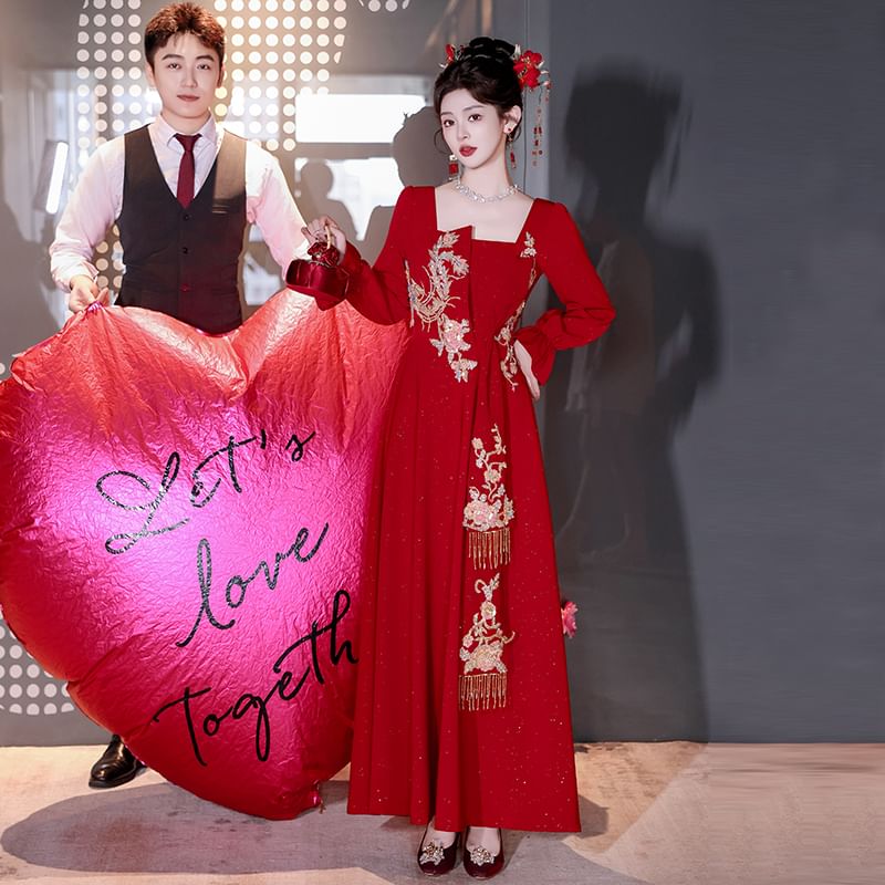 Neck Evening A-Line Embroidered Square Long-Sleeve Gown FashionChic