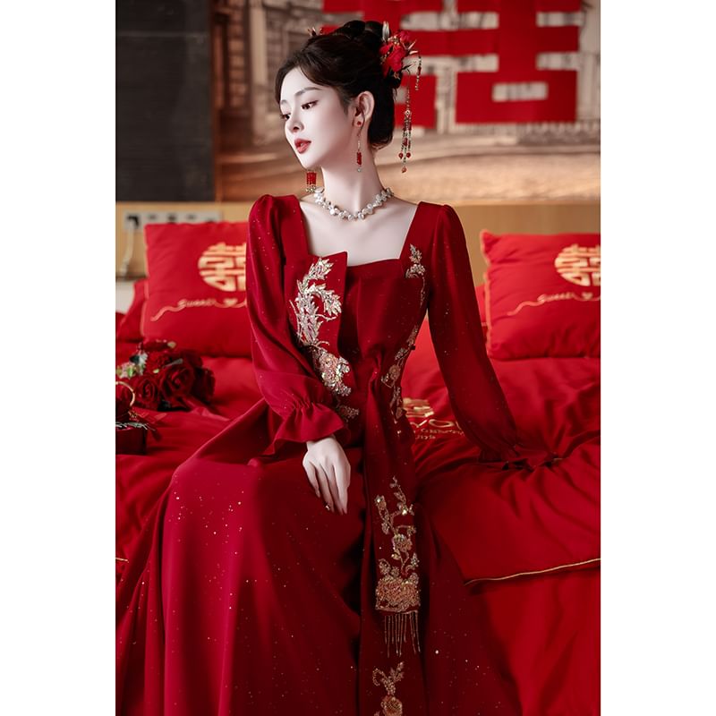 Neck Evening A-Line Embroidered Square Long-Sleeve Gown FashionChic