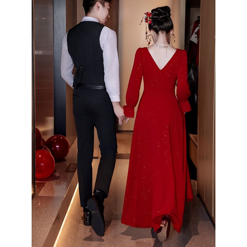 Neck Evening A-Line Embroidered Square Long-Sleeve Gown FashionChic