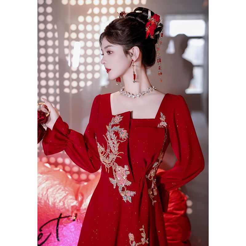 Neck Evening A-Line Embroidered Square Long-Sleeve Gown FashionChic