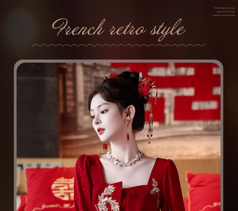 Neck Evening A-Line Embroidered Square Long-Sleeve Gown FashionChic