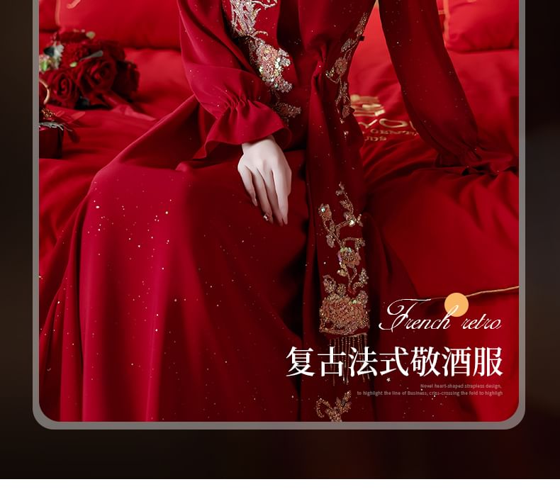 Neck Evening A-Line Embroidered Square Long-Sleeve Gown FashionChic