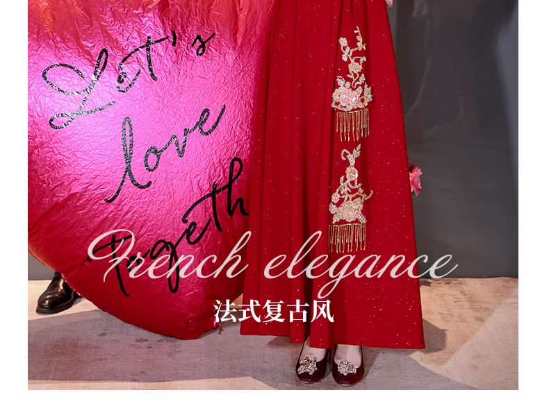 Long-Sleeve Square Neck Embroidered A-Line Evening Gown SpreePicky