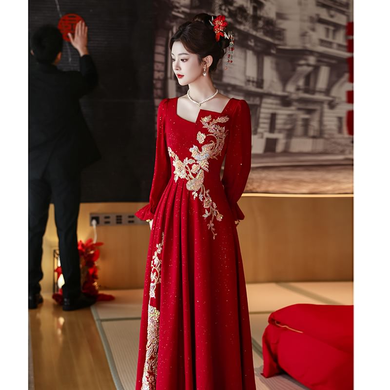 Long-Sleeve Square Neck Embroidered A-Line Evening Gown SpreePicky