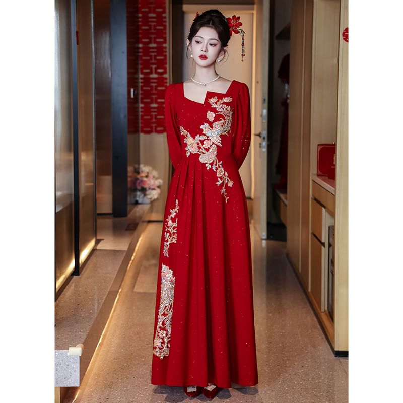 Long-Sleeve Square Neck Embroidered A-Line Evening Gown SpreePicky